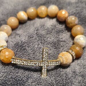 Genuine Fire Agate with rhinestone cross and rhinestome spacers.